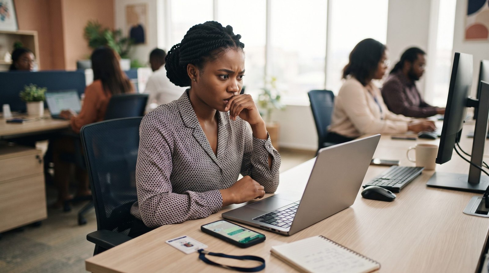 Young Nigerian graduate at her office desk during her first corporate job